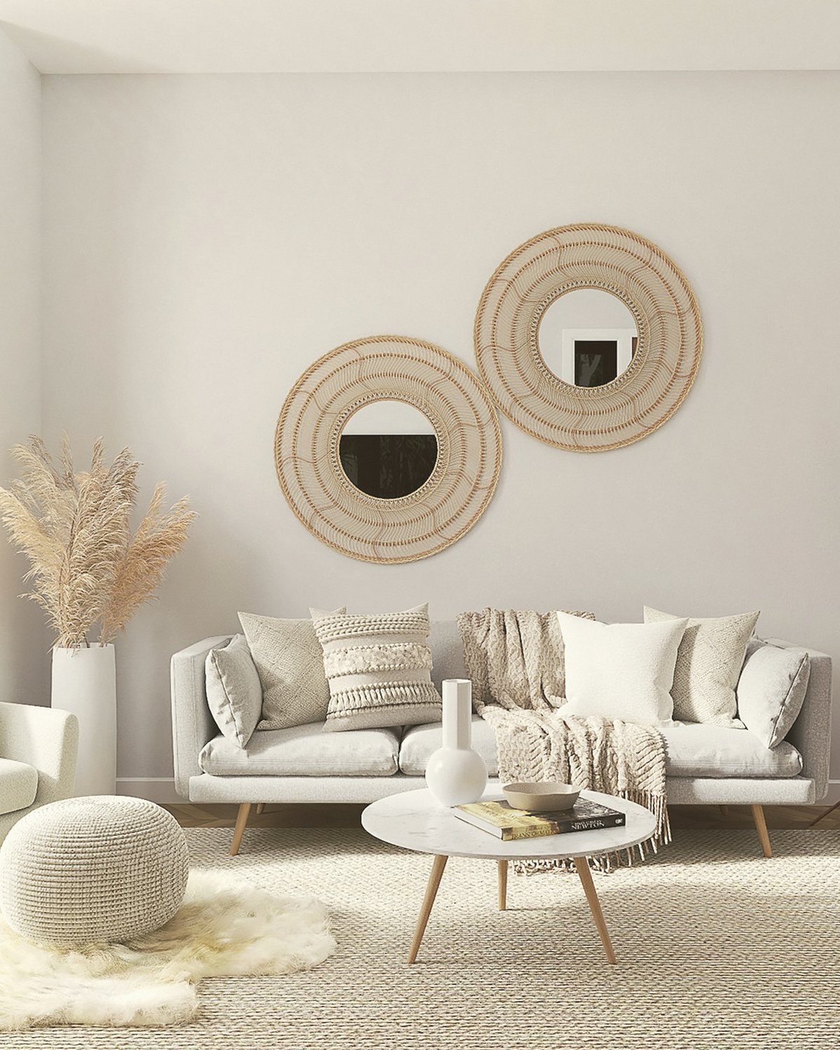 A quiet living room with a linen sofa, rattan wall baskets and a low oak table