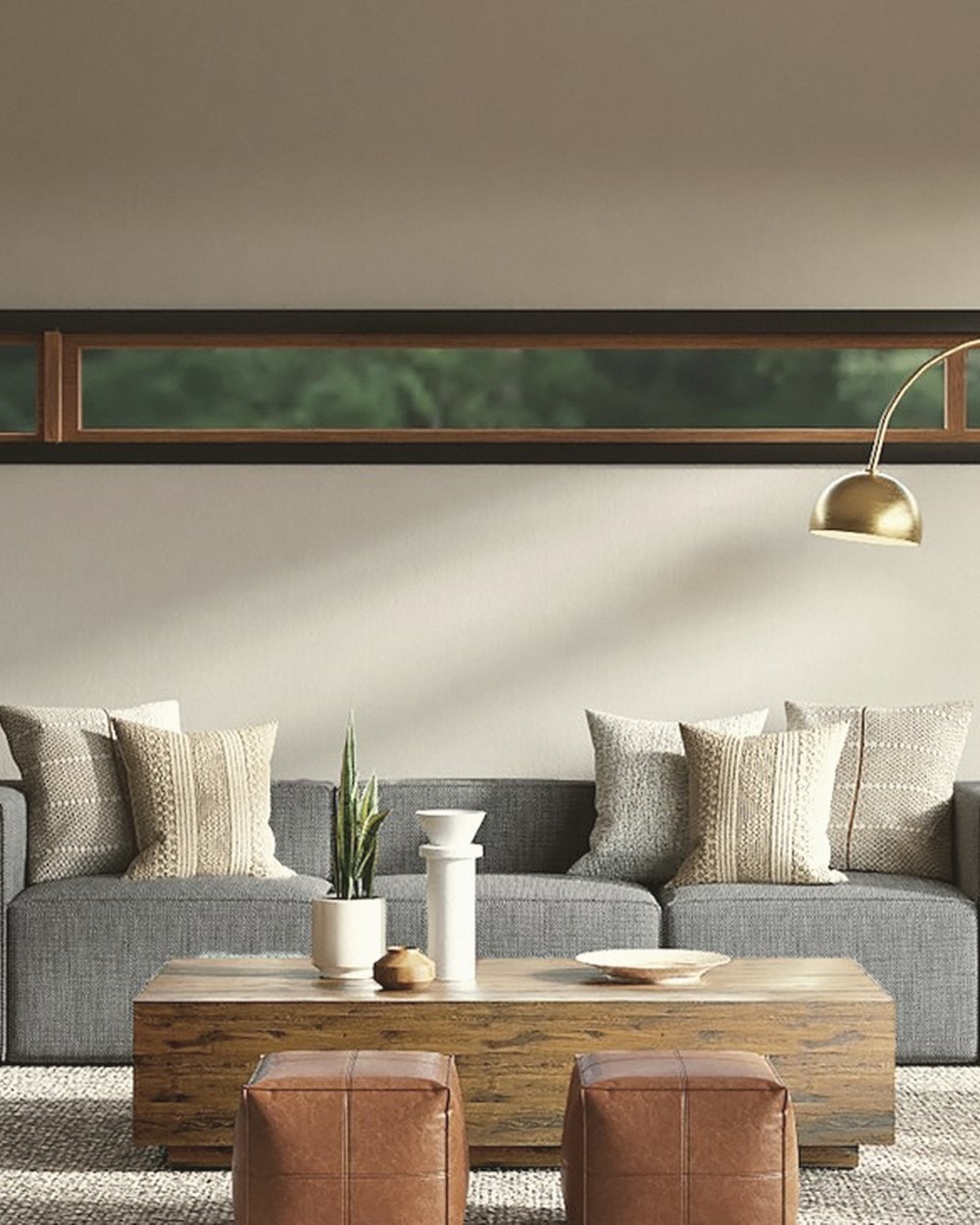 Low living room with timber tables and warm textiles