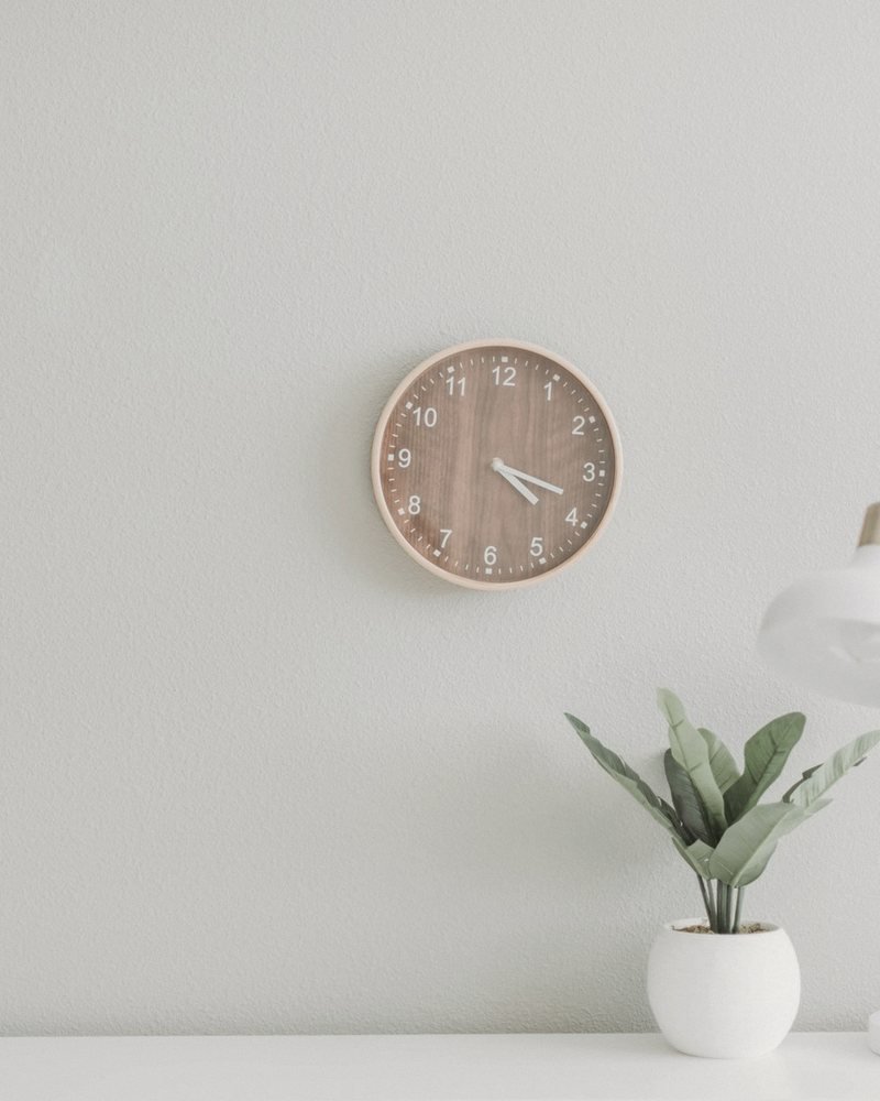 A pale plaster wall with a single oak clock and a green plant